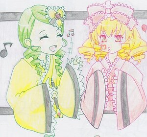 Rating: Safe Score: 0 Tags: 2girls ? beamed_eighth_notes beamed_sixteenth_notes blonde_hair bow closed_eyes drill_hair eighth_note frills green_hair hina_ichigo hinaichigo image japanese_clothes kanaria kimono multiple_girls music musical_note open_mouth pair photo pink_bow quarter_note singing spoken_musical_note traditional_media twin_drills User: admin