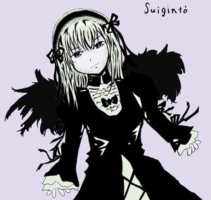 Rating: Safe Score: 0 Tags: 1girl black_wings closed_mouth dress feathers hairband image long_hair long_sleeves looking_at_viewer monochrome simple_background smile solo suigintou wings User: admin