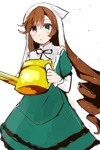 Rating: Safe Score: 0 Tags: 1girl bangs blush brown_hair dress eyebrows_visible_through_hair frills green_dress green_eyes heterochromia holding image long_hair long_sleeves looking_at_viewer simple_background solo suiseiseki very_long_hair white_background User: admin