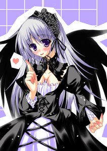 Rating: Safe Score: 0 Tags: 1girl black_dress blush breasts checkered checkered_background checkered_floor cleavage dress frills gothic_lolita hairband heart image lolita_fashion lolita_hairband long_hair long_sleeves purple_eyes silver_hair solo spoken_heart suigintou wings User: admin