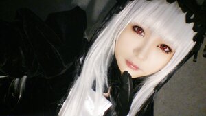 Rating: Safe Score: 0 Tags: 1girl bangs closed_mouth eyelashes face hood lips long_hair looking_at_viewer red_eyes red_lips simple_background solo suigintou white_hair User: admin