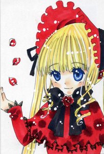 Rating: Safe Score: 0 Tags: 1girl bangs blonde_hair blue_eyes blush bonnet bow dress flower frills image long_hair long_sleeves looking_at_viewer marker_(medium) red_dress ribbon rose shinku simple_background smile solo traditional_media upper_body white_background User: admin