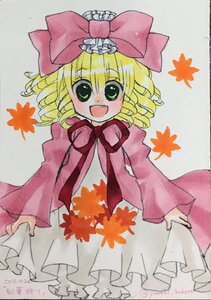 Rating: Safe Score: 0 Tags: 1girl :d autumn autumn_leaves blonde_hair bow dress eyebrows_visible_through_hair falling_leaves green_eyes hair_bow hina_ichigo hinaichigo image leaf long_sleeves looking_at_viewer maple_leaf marker_(medium) open_mouth pink_bow short_hair skirt_hold smile solo traditional_media User: admin