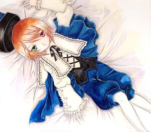 Rating: Safe Score: 0 Tags: 1girl bangs bed_sheet capelet frills green_eyes hat heterochromia image lolita_fashion long_sleeves looking_at_viewer lying on_back on_bed red_eyes short_hair solo souseiseki top_hat traditional_media white_legwear User: admin