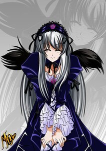 Rating: Safe Score: 0 Tags: 1girl black_wings closed_eyes dress frilled_sleeves frills hairband image long_hair long_sleeves puffy_sleeves ribbon silver_hair smile solo standing suigintou v_arms very_long_hair wings User: admin