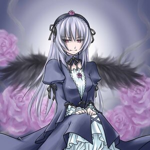 Rating: Safe Score: 0 Tags: 1girl black_wings detached_collar dress flower frills hairband image juliet_sleeves long_hair long_sleeves looking_at_viewer pink_eyes puffy_sleeves rose solo suigintou wings User: admin