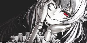 Rating: Safe Score: 0 Tags: 1girl flower hair_flower hair_ornament image long_hair looking_at_viewer monochrome red_eyes rose smile solo suigintou User: admin