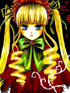 Rating: Safe Score: 0 Tags: 1girl black_background blonde_hair blue_eyes blush bonnet bow bowtie capelet dress drill_hair flower green_bow image long_hair long_sleeves looking_at_viewer rose shinku simple_background solo twin_drills twintails User: admin