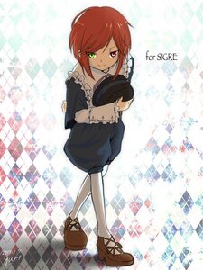 Rating: Safe Score: 0 Tags: 1boy argyle argyle_background brown_footwear checkered checkered_background checkered_floor dress green_eyes hat hat_removed headwear_removed heterochromia holding_clothes holding_hat image looking_at_viewer otoko_no_ko red_eyes red_hair short_hair shorts smile solo souseiseki tile_floor tiles top_hat User: admin