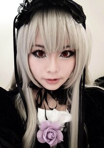 Rating: Safe Score: 0 Tags: 1girl bangs black_choker choker closed_mouth flower lips looking_at_viewer red_eyes rose solo suigintou white_hair User: admin