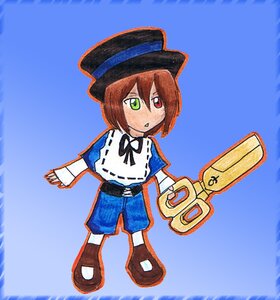 Rating: Safe Score: 0 Tags: 1girl :o blue_background brown_hair full_body green_eyes hat heterochromia image long_sleeves pants pantyhose red_eyes short_hair solo souseiseki standing top_hat User: admin
