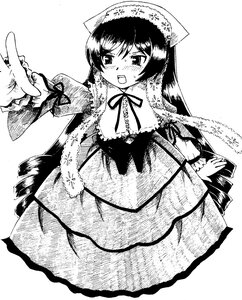 Rating: Safe Score: 0 Tags: 1girl blush dress greyscale image long_hair long_sleeves looking_at_viewer monochrome neck_ribbon open_mouth ribbon solo suiseiseki very_long_hair User: admin