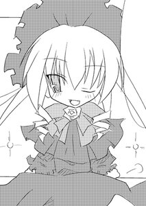 Rating: Safe Score: 0 Tags: 1girl auto_tagged blush bow dress greyscale hat image long_hair looking_at_viewer monochrome one_eye_closed open_mouth shinku smile solo standing torn_clothes twintails User: admin