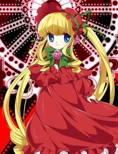 Rating: Safe Score: 0 Tags: 1girl blonde_hair blue_eyes bonnet bow bowtie dress drill_hair flower green_bow image long_hair long_sleeves looking_at_viewer polka_dot_background red_dress rose shinku solo twintails very_long_hair User: admin