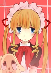 Rating: Safe Score: 0 Tags: 1girl blonde_hair blue_eyes blush bow bowtie drill_hair image long_hair looking_at_viewer shinku simple_background solo twin_drills upper_body User: admin