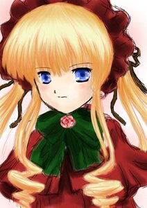 Rating: Safe Score: 0 Tags: 1girl blonde_hair blue_eyes bonnet bow bowtie dress drill_hair flower green_bow green_neckwear image long_hair long_sleeves looking_at_viewer rose shinku sidelocks simple_background solo twin_drills twintails upper_body white_background User: admin