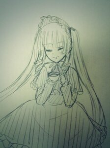 Rating: Safe Score: 0 Tags: 1girl auto_tagged cup dress hairband holding holding_cup image lolita_fashion long_hair long_sleeves monochrome possible_duplicate saucer shinku smile solo tea teacup traditional_media very_long_hair User: admin