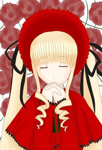Rating: Safe Score: 0 Tags: 1girl bangs blonde_hair bonnet closed_eyes dress drill_hair flower hands_clasped hat image long_hair long_sleeves own_hands_together pink_flower pink_rose red_capelet red_flower red_rose rose shinku sidelocks solo thorns twin_drills twintails upper_body User: admin