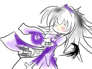 Rating: Safe Score: 0 Tags: 1girl blush chibi closed_eyes dress hairband image long_hair long_sleeves purple_dress purple_theme simple_background solo suigintou white_background User: admin