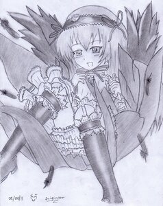 Rating: Safe Score: 0 Tags: 1girl blush dress frills full_body hairband image long_hair long_sleeves looking_at_viewer monochrome open_mouth smile solo suigintou traditional_media very_long_hair wings User: admin