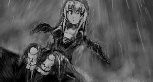 Rating: Safe Score: 0 Tags: 1girl closed_mouth dress greyscale image long_hair looking_at_viewer monochrome rain sitting solo suigintou wings User: admin