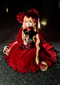 Rating: Safe Score: 0 Tags: 1girl blonde_hair blue_eyes bonnet bow dress flower long_hair long_sleeves red_dress red_flower rose shinku sitting solo very_long_hair User: admin