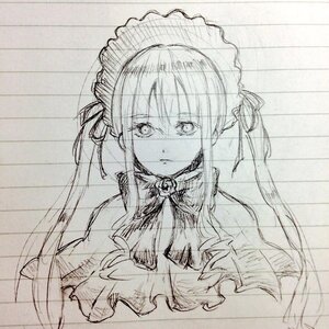 Rating: Safe Score: 0 Tags: 1girl bangs closed_mouth eyebrows_visible_through_hair frills hair_between_eyes hair_ribbon image long_hair looking_at_viewer monochrome ribbon shinku solo traditional_media twintails upper_body User: admin