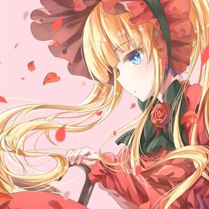 Rating: Safe Score: 0 Tags: 1girl blonde_hair blue_eyes bow dress flower hat image long_hair long_sleeves petals pink_background red_flower red_rose rose rose_petals shinku solo twintails User: admin