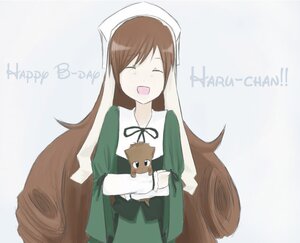 Rating: Safe Score: 0 Tags: 1girl :d apron brown_hair cat closed_eyes dress green_dress head_scarf image long_hair long_sleeves open_mouth smile solo suiseiseki very_long_hair User: admin