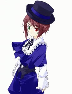 Rating: Safe Score: 0 Tags: 1girl blue_dress bow brown_hair cowboy_shot dress frills green_eyes hat heterochromia image long_sleeves looking_at_viewer red_eyes short_hair simple_background solo souseiseki standing top_hat white_background User: admin