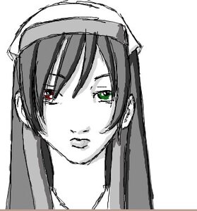 Rating: Safe Score: 0 Tags: 1girl bangs closed_mouth green_eyes image long_hair looking_at_viewer monochrome portrait simple_background solo spot_color suiseiseki white_background User: admin