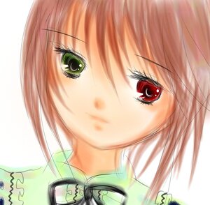 Rating: Safe Score: 0 Tags: 1girl blood closed_mouth eyebrows_visible_through_hair green_eyes image looking_at_viewer red_eyes simple_background smile solo souseiseki white_background User: admin