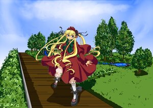Rating: Safe Score: 0 Tags: 1girl blonde_hair blue_eyes bonnet bow bowtie capelet day dress flying full_body image long_hair long_sleeves looking_at_viewer outdoors red_dress shinku shoes sky solo standing tree twintails very_long_hair User: admin