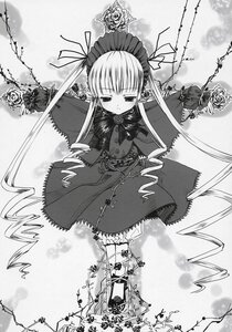 Rating: Safe Score: 0 Tags: 1girl bonnet dress drill_hair flower greyscale image long_hair long_sleeves monochrome rose shinku solo standing twintails User: admin