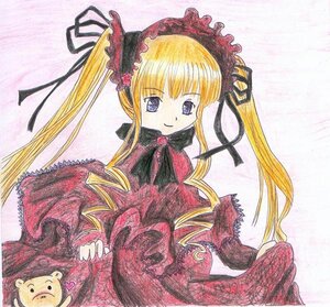 Rating: Safe Score: 0 Tags: 1girl blonde_hair blue_eyes bonnet bow dress frills image long_hair long_sleeves looking_at_viewer red_dress shinku smile solo traditional_media twintails very_long_hair User: admin