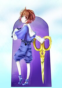 Rating: Safe Score: 0 Tags: 1boy blue_background brown_hair capelet frills full_body green_eyes heterochromia image long_sleeves looking_at_viewer looking_back red_eyes short_hair solo souseiseki standing weapon User: admin