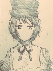 Rating: Safe Score: 0 Tags: 1girl closed_mouth hat image looking_at_viewer monochrome neck_ribbon ribbon short_hair solo souseiseki traditional_media upper_body User: admin