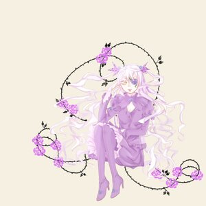 Rating: Safe Score: 0 Tags: 1girl barasuishou boots bug butterfly dress flower frills hair_ornament high_heels image insect long_hair pantyhose purple_flower sitting solo white_hair User: admin