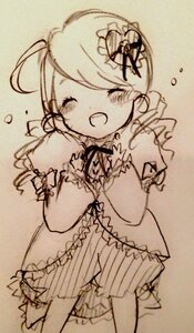 Rating: Safe Score: 0 Tags: 1girl :d ^_^ blush bow closed_eyes dress hair_ornament image kanaria long_sleeves monochrome open_mouth sketch smile solo striped User: admin