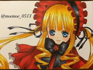 Rating: Safe Score: 0 Tags: 1girl bangs blonde_hair blue_eyes blush bonnet bow bowtie dress drill_hair flower image long_hair long_sleeves looking_at_viewer marker_(medium) ribbon rose shikishi shinku sidelocks simple_background smile solo traditional_media twin_drills twintails white_background User: admin
