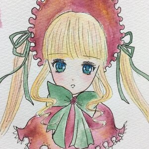 Rating: Safe Score: 0 Tags: 1girl bangs blonde_hair blue_eyes bonnet bow bowtie dress flower frills green_bow green_neckwear hair_ribbon image long_hair looking_at_viewer ribbon rose shinku sidelocks simple_background solo traditional_media twintails upper_body User: admin