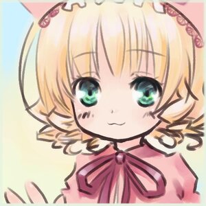 Rating: Safe Score: 0 Tags: 1girl :3 bangs blonde_hair blush closed_mouth eyebrows_visible_through_hair green_eyes hairband looking_at_viewer neck_ribbon portrait ribbon short_hair simple_background smile solo User: admin