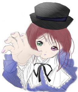 Rating: Safe Score: 0 Tags: 1girl auto_tagged blush frills green_eyes hat heterochromia image long_sleeves looking_at_viewer nail_polish red_eyes simple_background solo souseiseki top_hat upper_body white_background User: admin