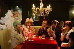 Rating: Safe Score: 0 Tags: blonde_hair braid brown_hair closed_eyes cup dress food indoors jewelry multiple_boys multiple_cosplay multiple_girls sitting table tagme User: admin