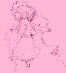 Rating: Safe Score: 0 Tags: 1girl bow dress frills full_body image long_hair long_sleeves looking_at_viewer monochrome pink_theme shinku simple_background sketch solo standing twintails User: admin