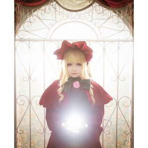 Rating: Safe Score: 0 Tags: 1girl blonde_hair blue_eyes bonnet bow curtains dress flower frame long_hair long_sleeves looking_at_viewer rose shinku solo User: admin