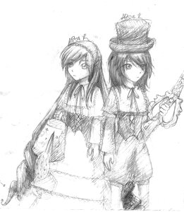 Rating: Safe Score: 0 Tags: 2girls dress frills hat image long_hair long_sleeves monochrome multiple_girls pair ribbon short_hair siblings sisters souseiseki suiseiseki User: admin