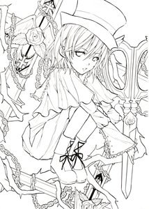 Rating: Safe Score: 0 Tags: 1girl boots broken_chain chain chained cuffs flower hat image jewelry lineart monochrome rose shackles short_hair solo souseiseki swing top_hat User: admin