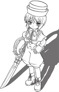 Rating: Safe Score: 0 Tags: 1girl bangs boots bow eyebrows_visible_through_hair frills full_body greyscale hat image long_sleeves looking_at_viewer monochrome puffy_pants shadow short_hair shorts solo souseiseki standing top_hat weapon white_background User: admin