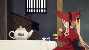 Rating: Safe Score: 0 Tags: 1girl auto_tagged blonde_hair bonnet cup dress image indoors lamp long_hair long_sleeves red_dress shinku solo table teacup twintails window User: admin